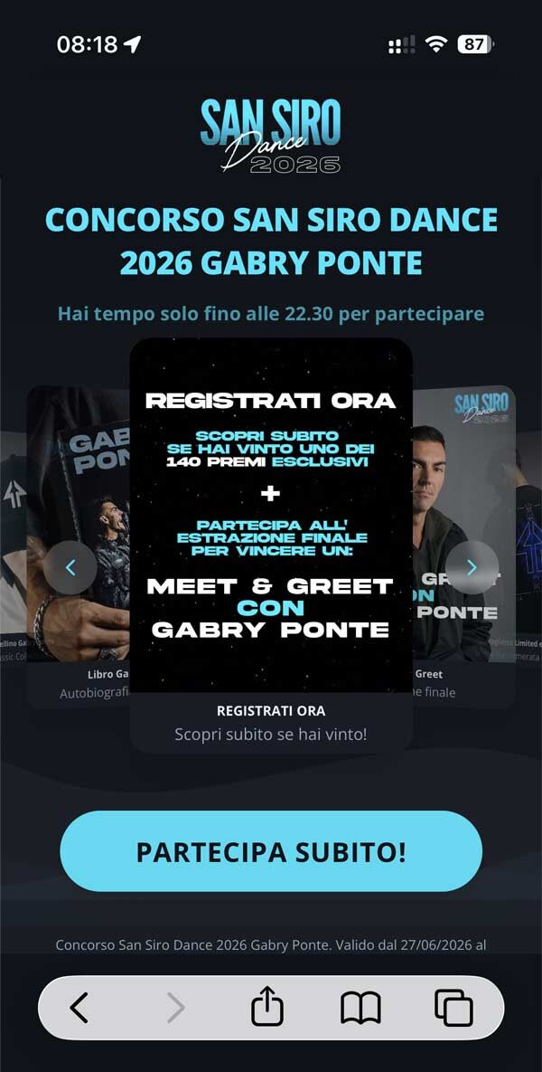 Landing page Instant Win for Gabry Ponte’s live event