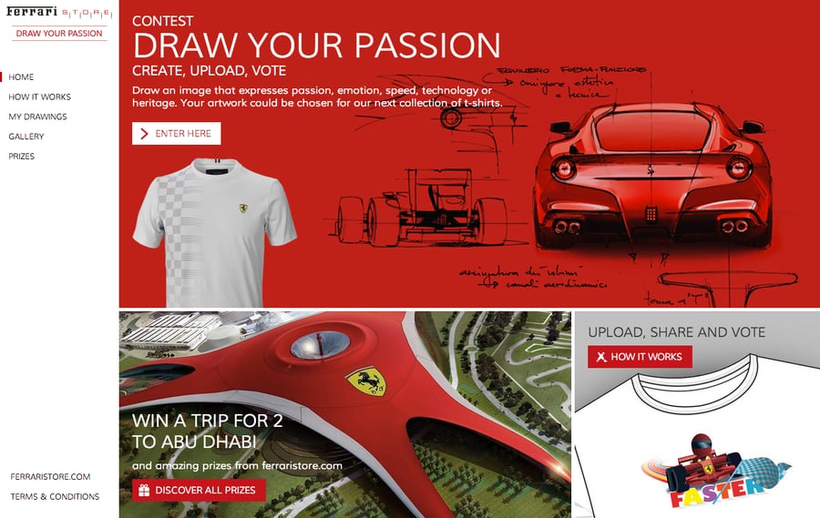 Landing page for Ferrari Store’s Draw your passion contest