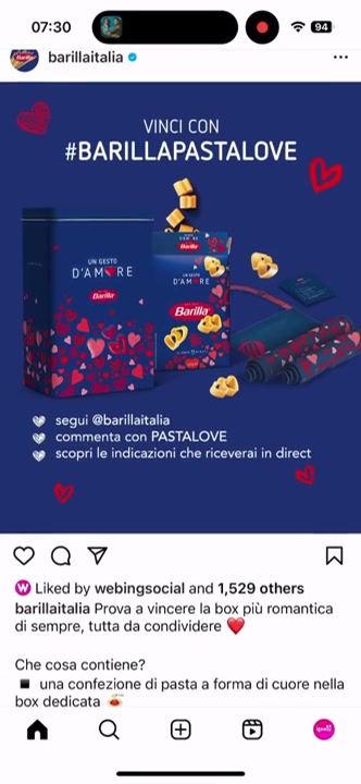 Barilla social contest post with the entry keyword in a comment, the first step in Comment Picker Chatbot