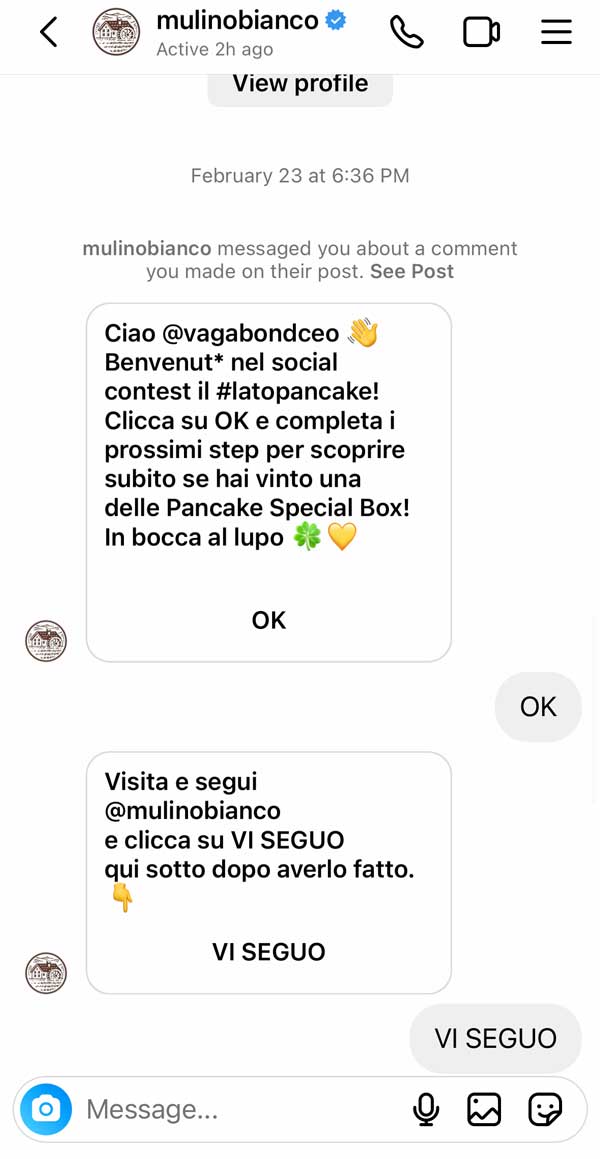 Direct message chat for the #IlLatoPancake contest, asking participants to follow @mulinobianco